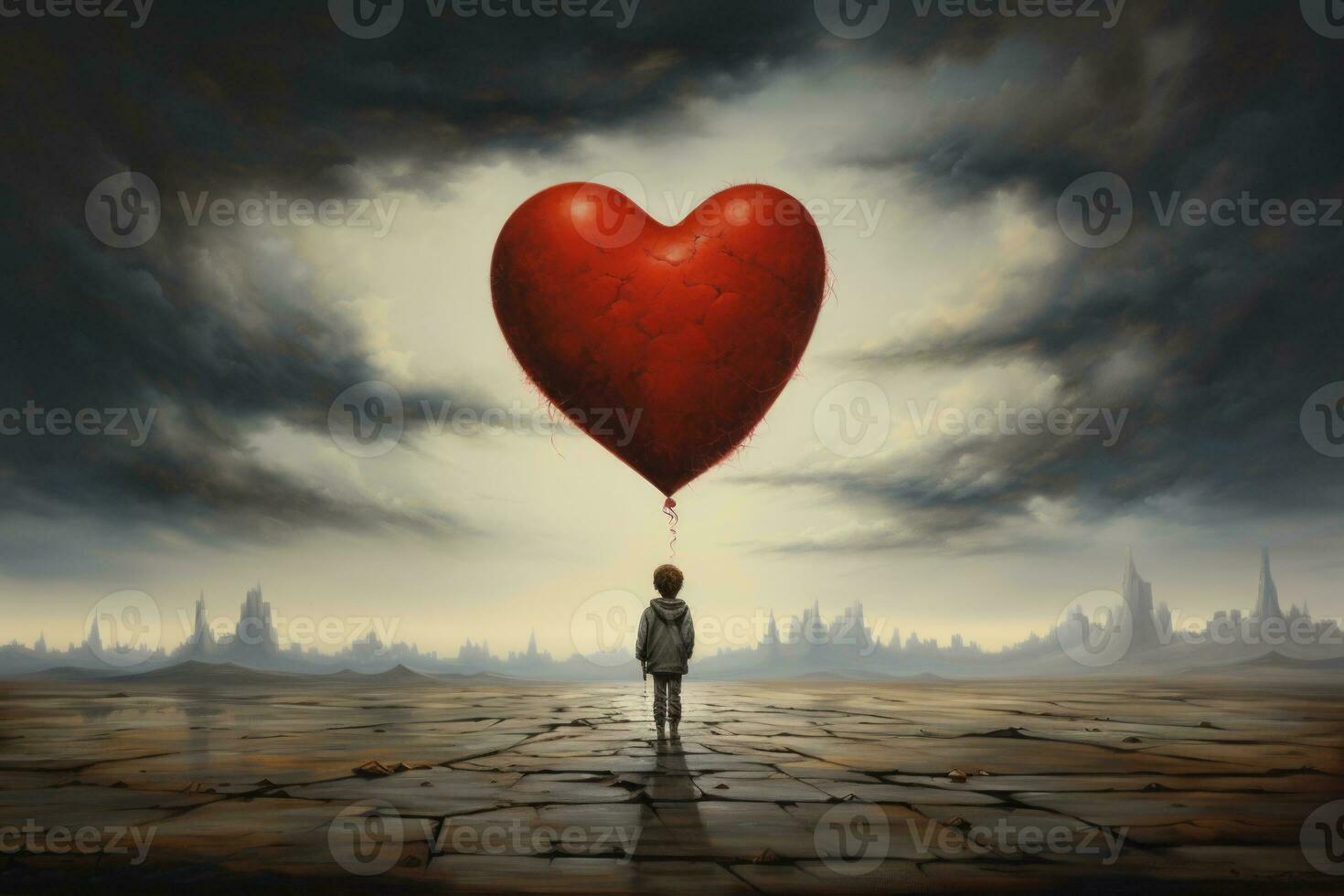 Child silhouette with heart shape balloon in fantasy landscape ...