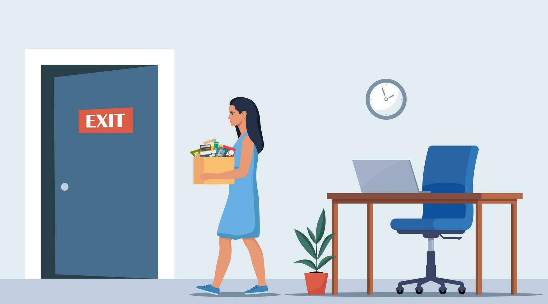 Dismissal, employee replacement. Unhappy woman dismissed from job, leave office with stuff in box. Unemployment dismissal of workers. Layoff, crisis. Vector illustration.