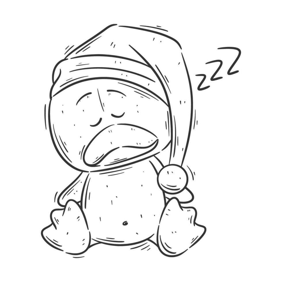 Cute duck sitting wearing a sleeping cap for coloring vector