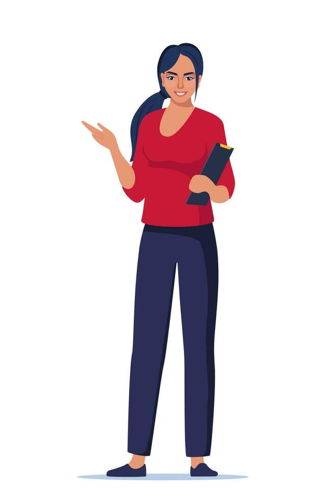 Woman introduce, show and present something. Business speaker standing with clipboard and pointing direction, gesturing with arm. Female presenter. Vector illustration.