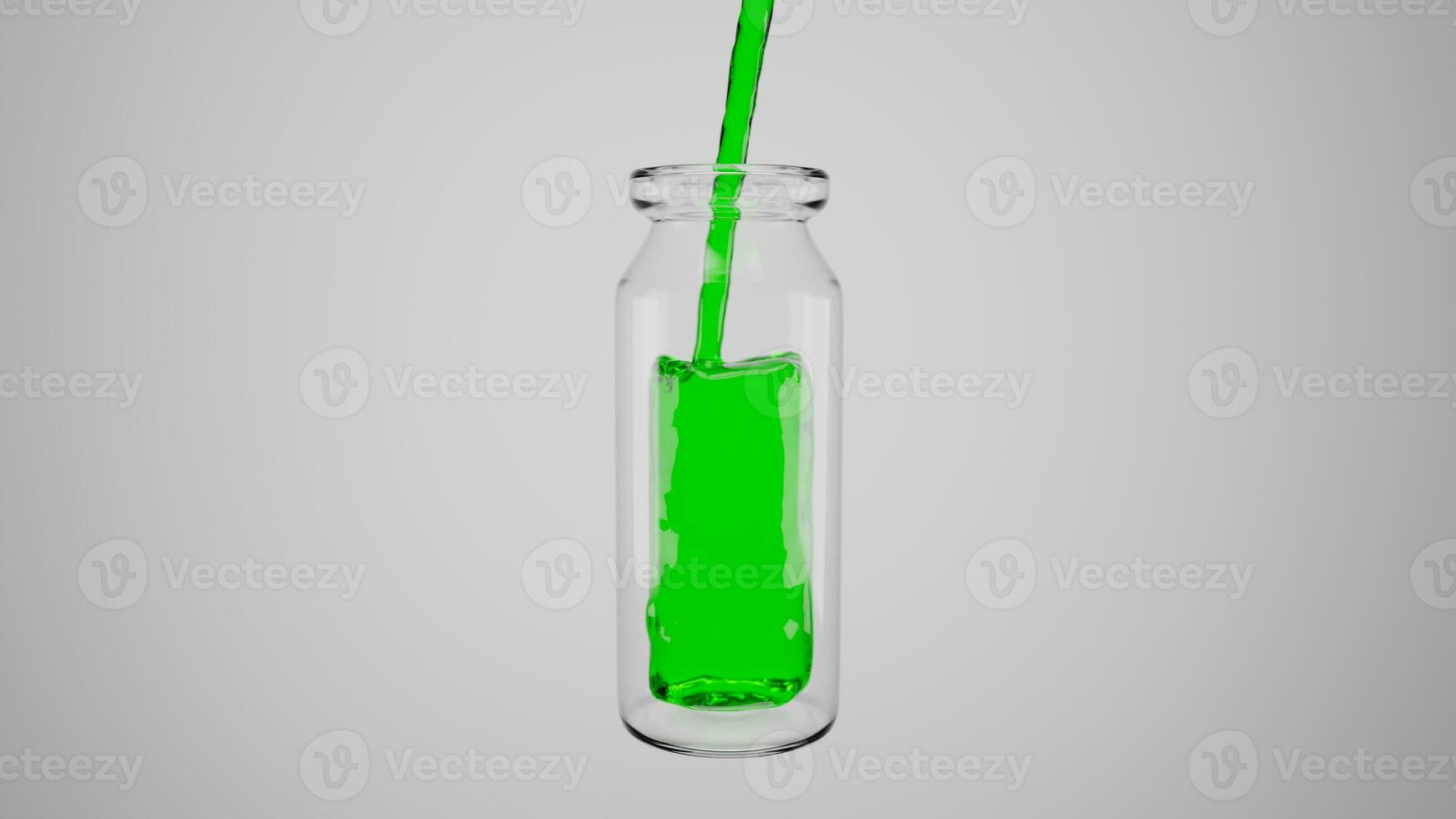 3D rendering of green fluid flowing in to clear bottle photo