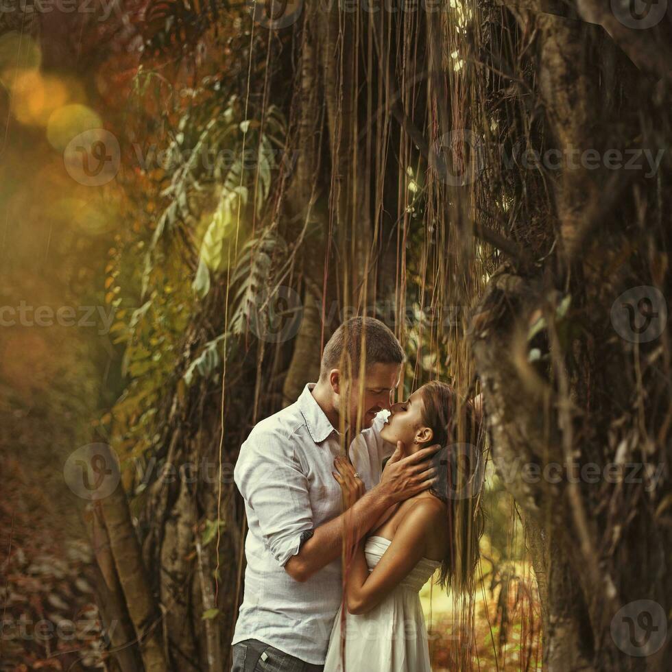 couple kissing in mysterious forest bali, indonesia photo