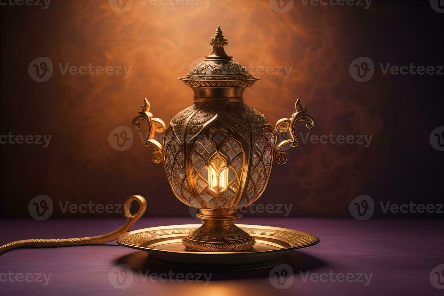 Lantern on a wooden table and a dark background. ai generative photo