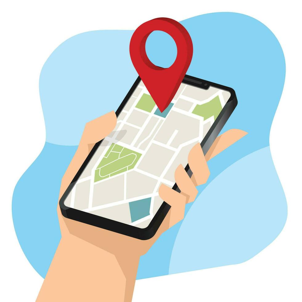 Hand holding mobile smart phone with Location mobile app. vector