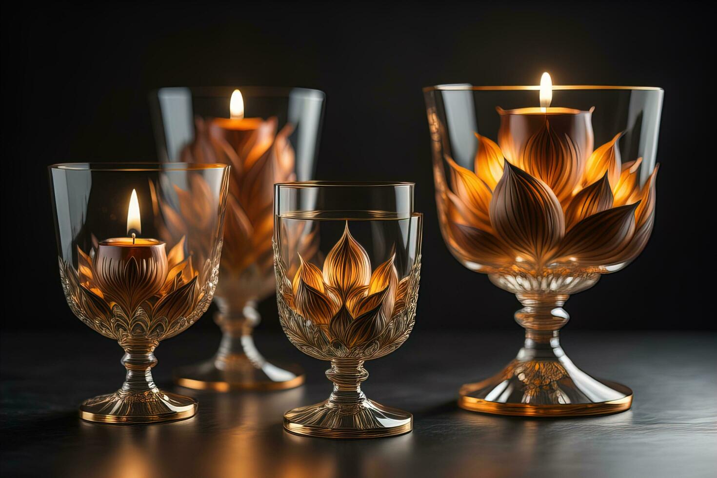 Burning candles in glasses on wooden table, closeup. Space for text. ai generative photo