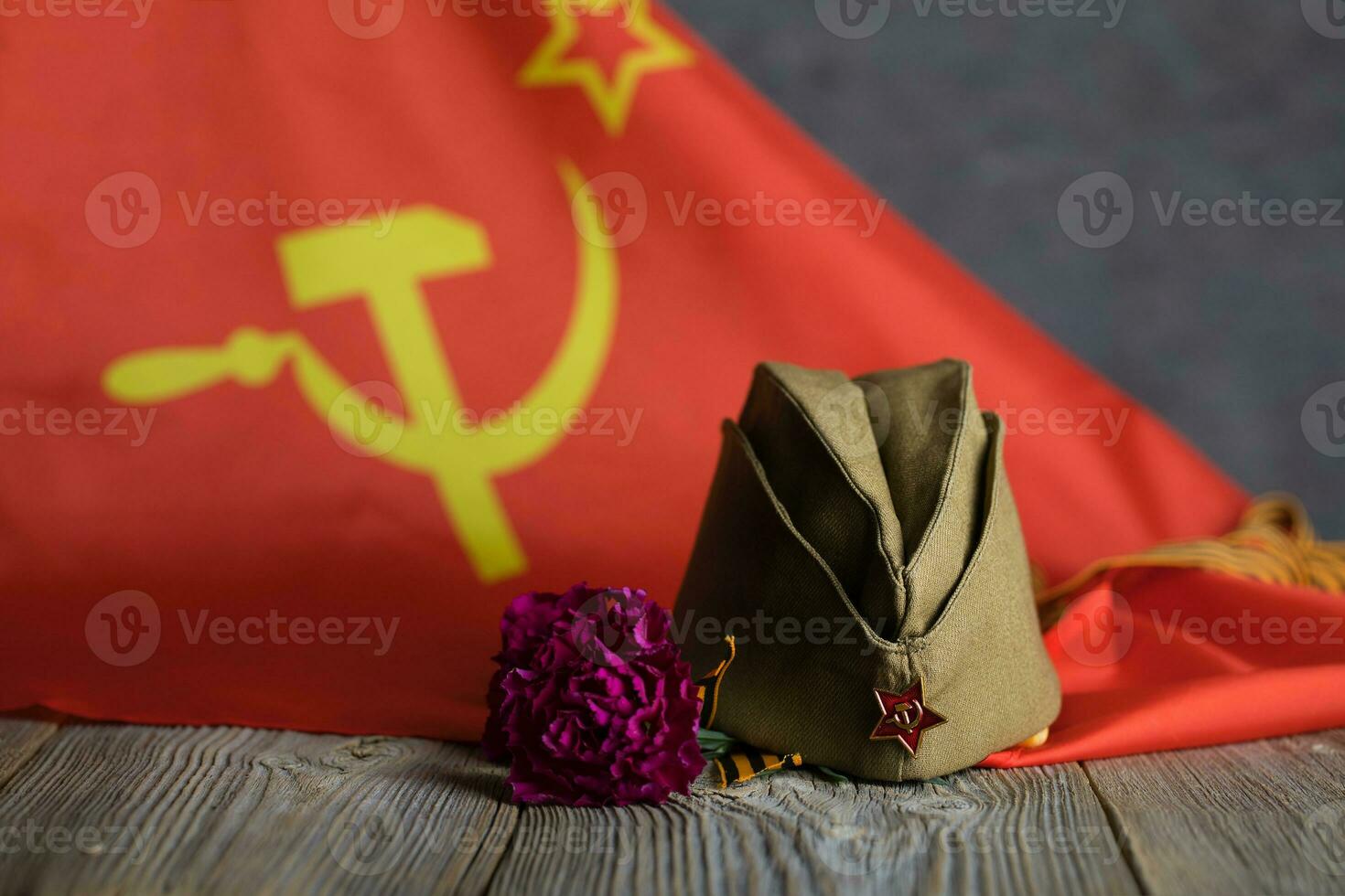 Military cap, carnations, Saint George ribbon on a wooden surface. photo