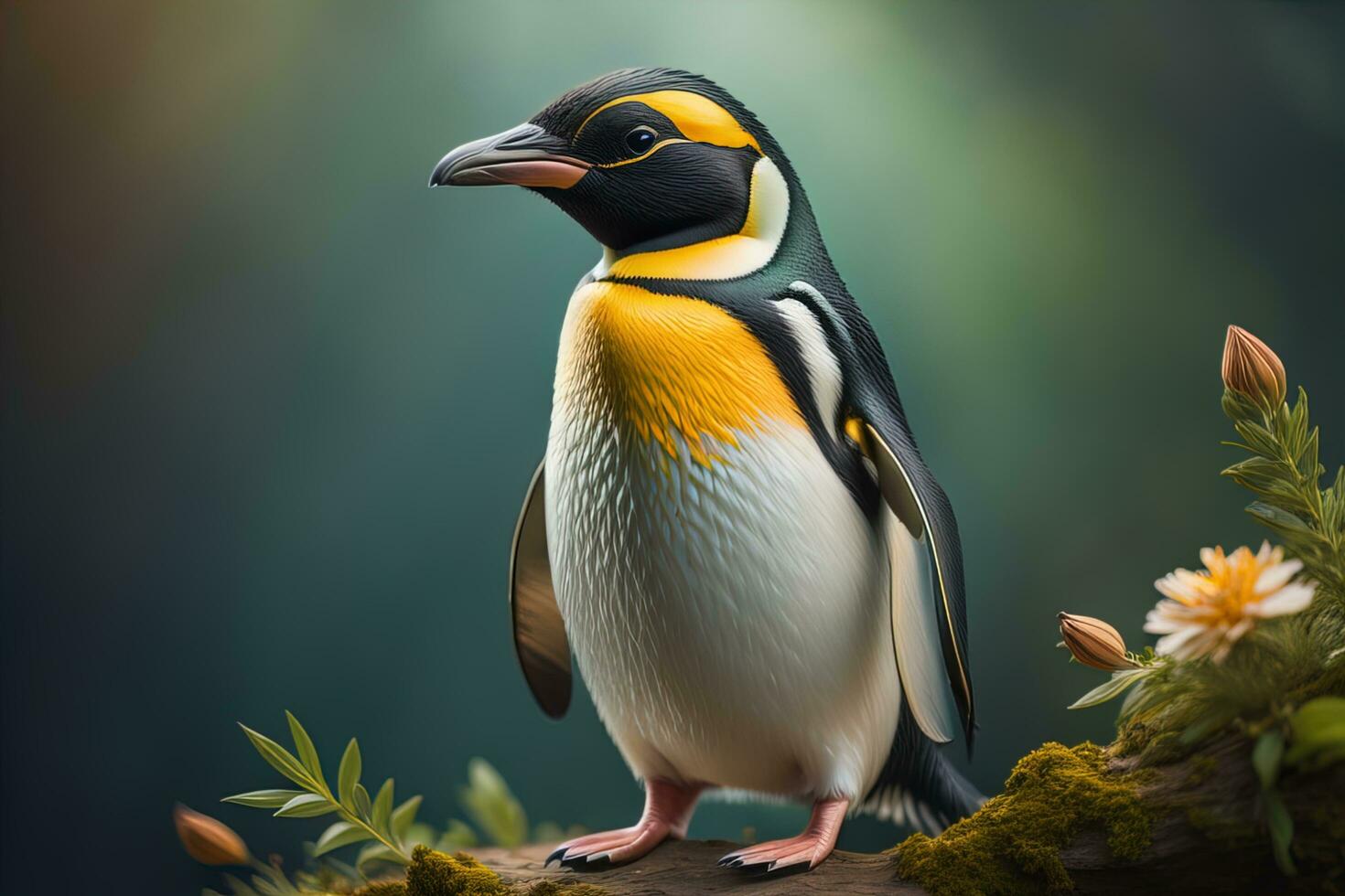Cute penguin standing in front of solid color background. ai generative photo