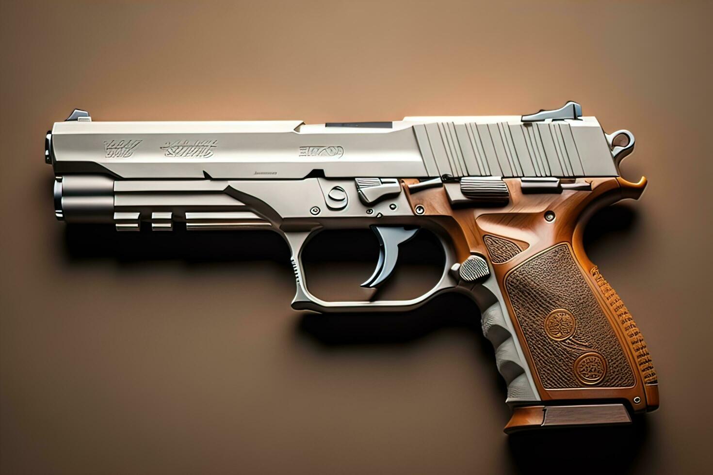 Semi-automatic handgun on a solid color background. Close-up. ai generative photo