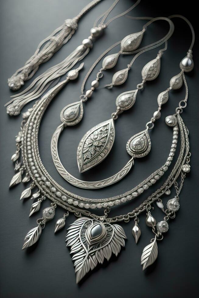 Silver necklace on a solid color background in close-up. ai generative photo