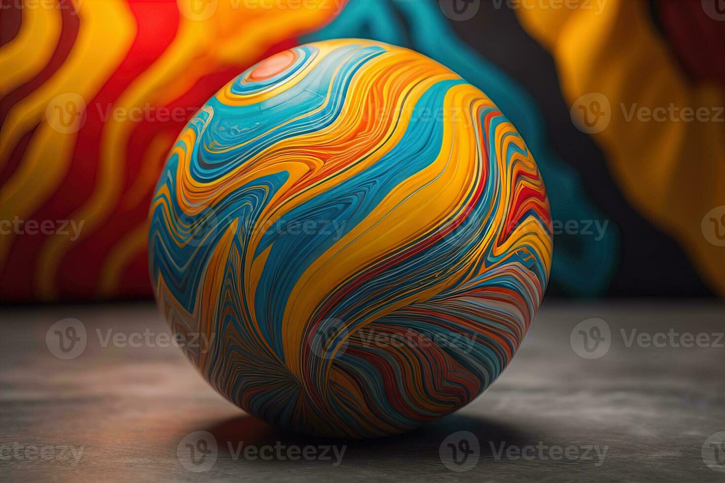 Colorful marble ball on a solid colour background. Close-up. ai generative photo