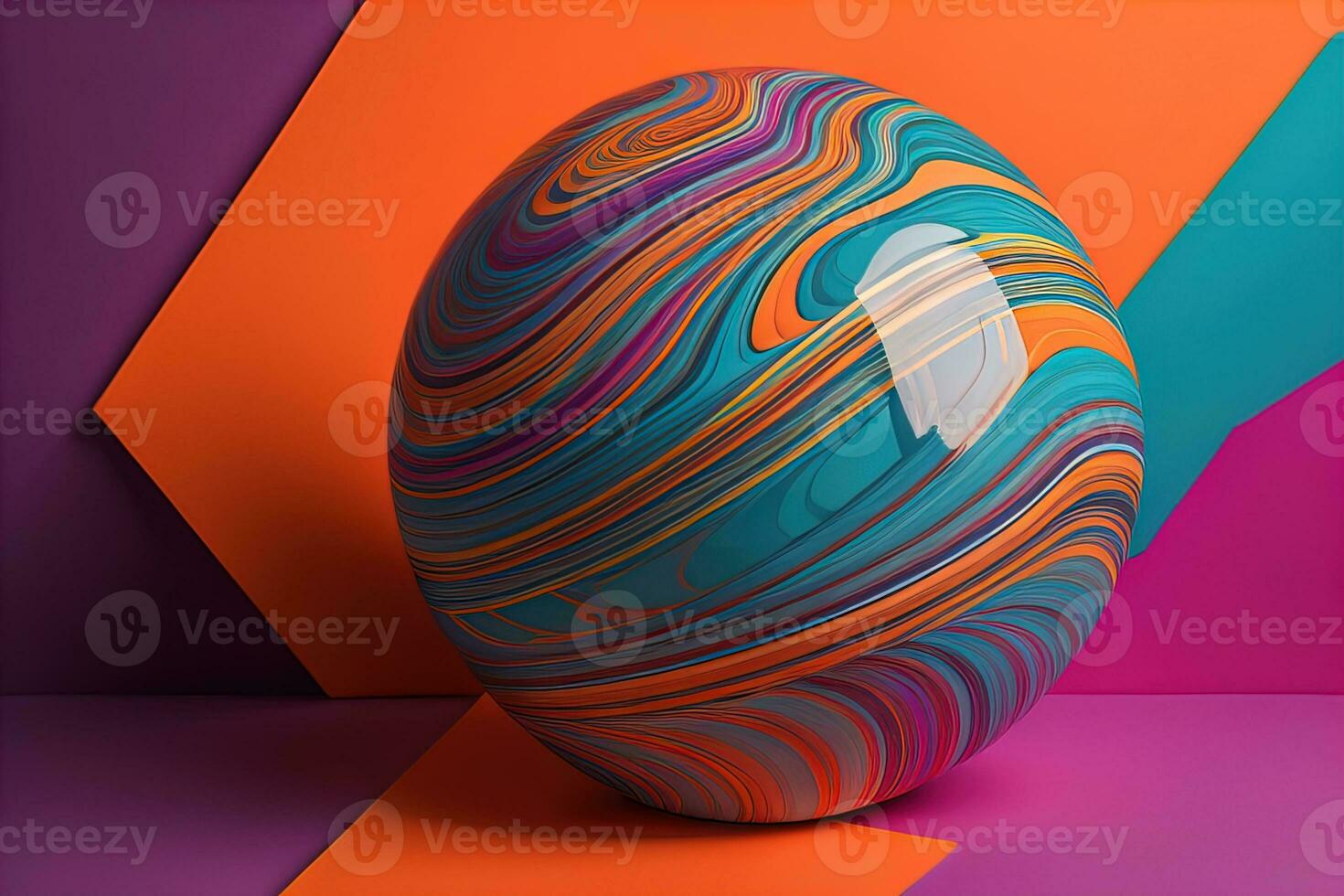 Colorful marble ball on a solid colour background. Close-up. ai generative photo