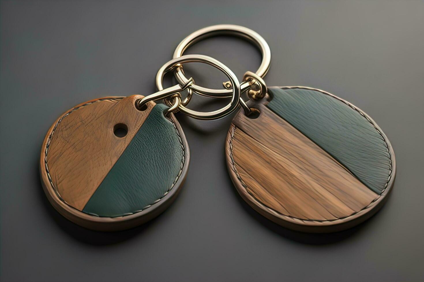 Creative Keychain on a wooden background, close-up. ai generative photo