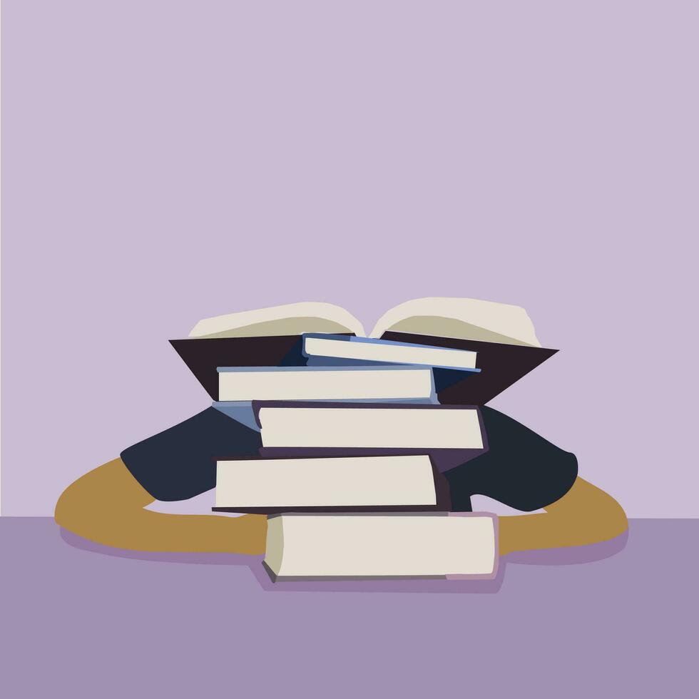 Stack of Books with Mysterious Figure in Purple Hues vector