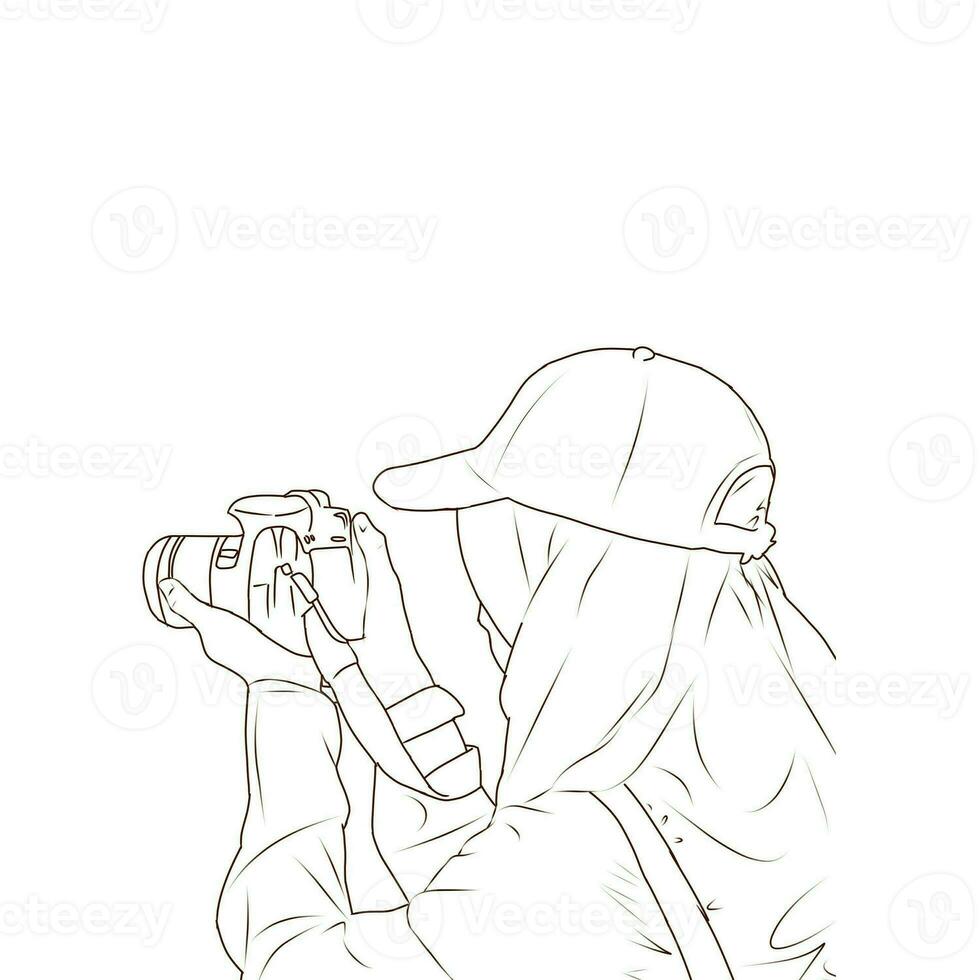Elegant Capture Line Art Illustration of a Woman in veil Photographing photo
