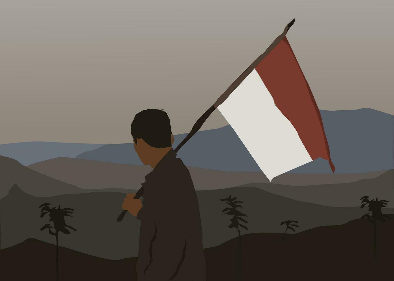 joven hombre con bandera y personal, mirando a montaña paisaje vector