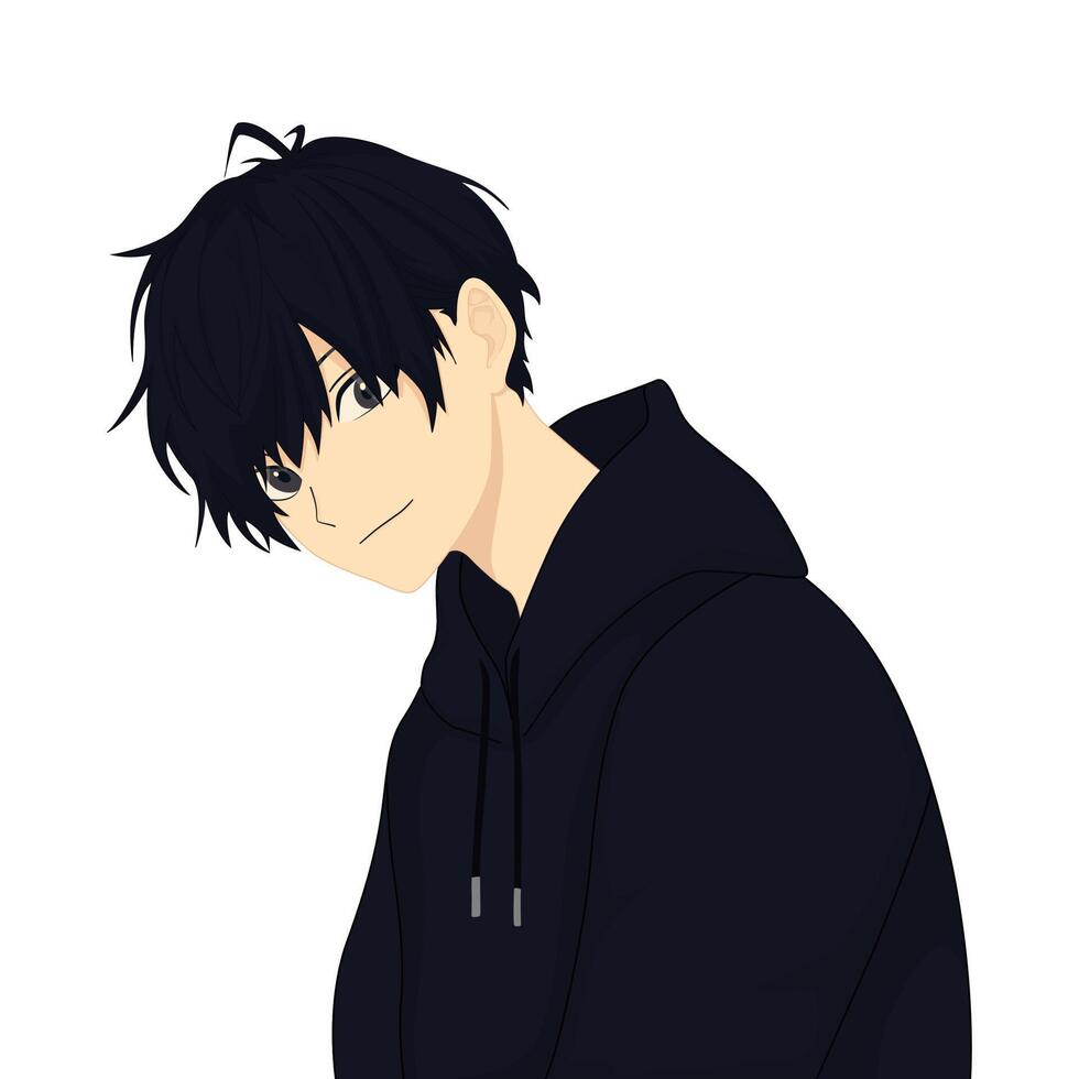 Anime boy with black hair and hoodie, cool anime character. Vector illustration.