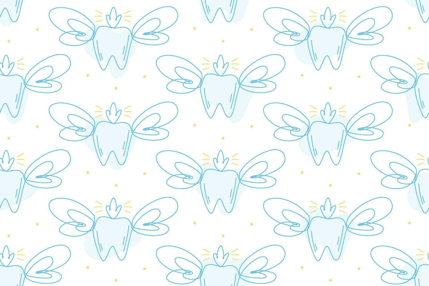 Tooth fairy magic kids character, tooth with wings in line art style. Vector seamless cartoon pattern, oral hygiene concept, dental health.