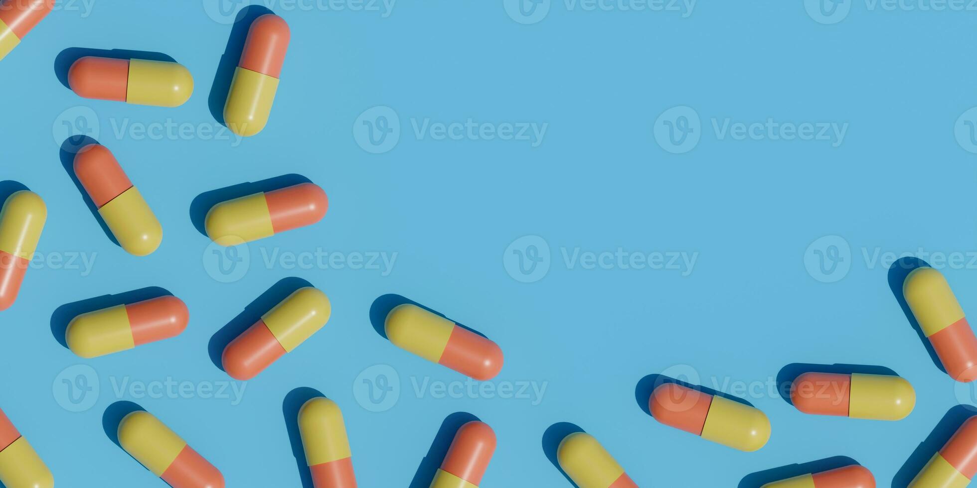 Medicine tablet pills on blue background. 3D Rendering. Medical Harmful Concept. Dangerous drugs. Empty space for text. photo