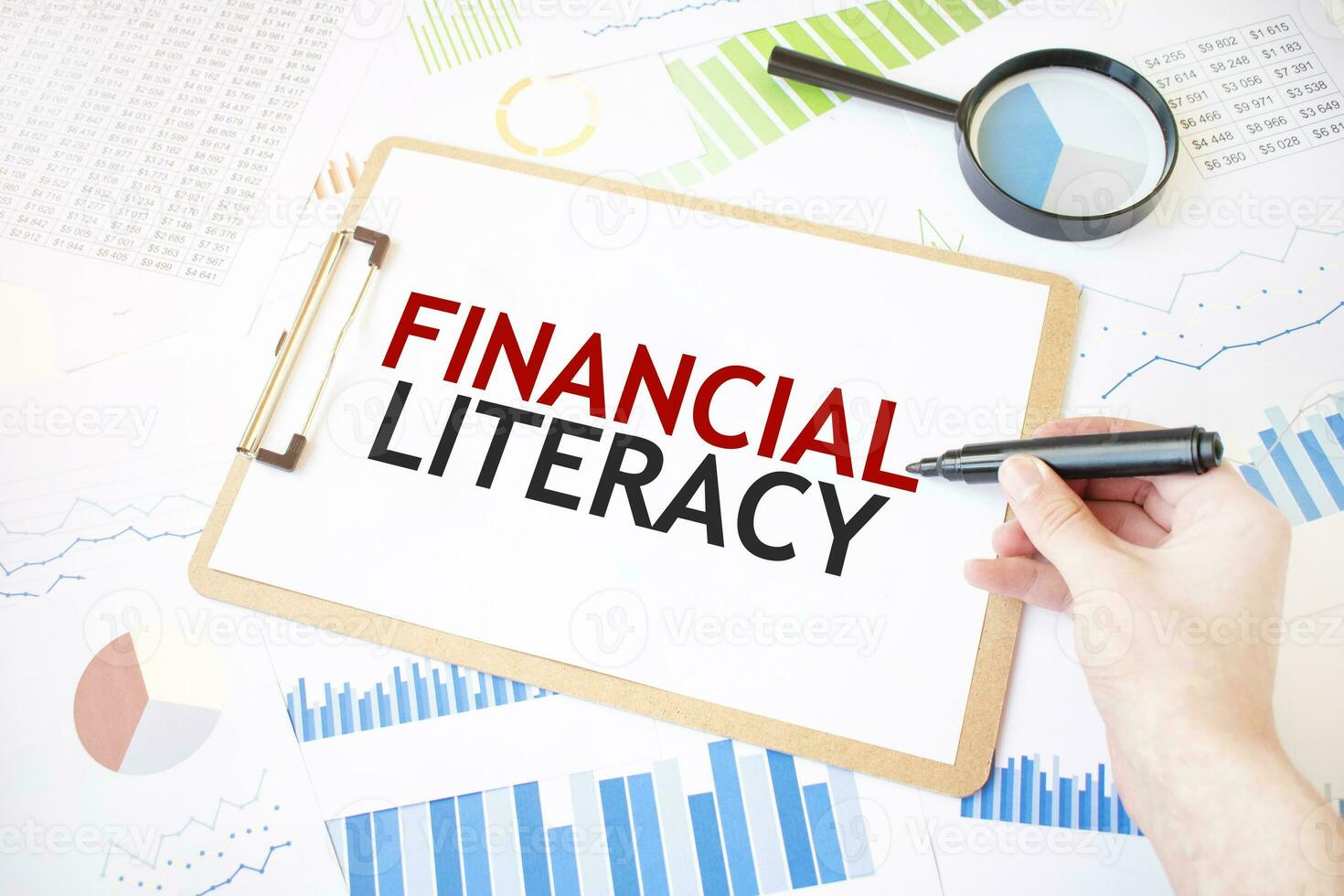 Text FINANCIAL LITERACY on white paper sheet and marker on businessman hand on the diagram. Business concept photo