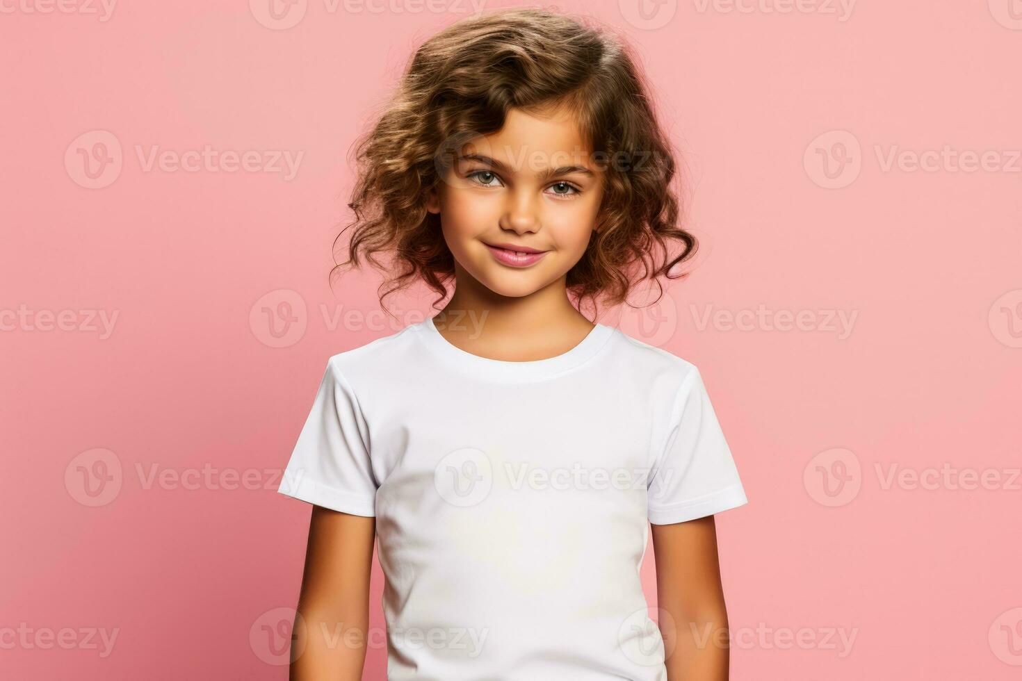 Female child boy wearing bella canvas white shirt mockup at pink background photo