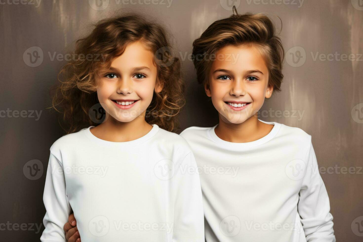 Male and female child boy and girl siblings wearing bella canvas white shirt mockup at vivid background photo