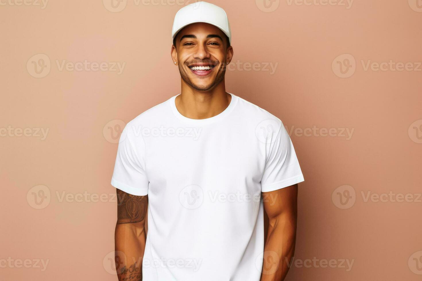 Young man wearing bella canvas white shirt mockup at pastel background photo