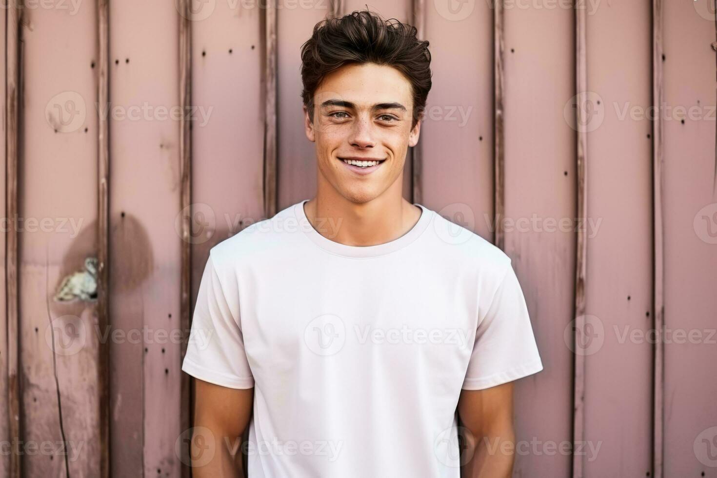 Young man wearing bella canvas white shirt mockup at pastel background photo