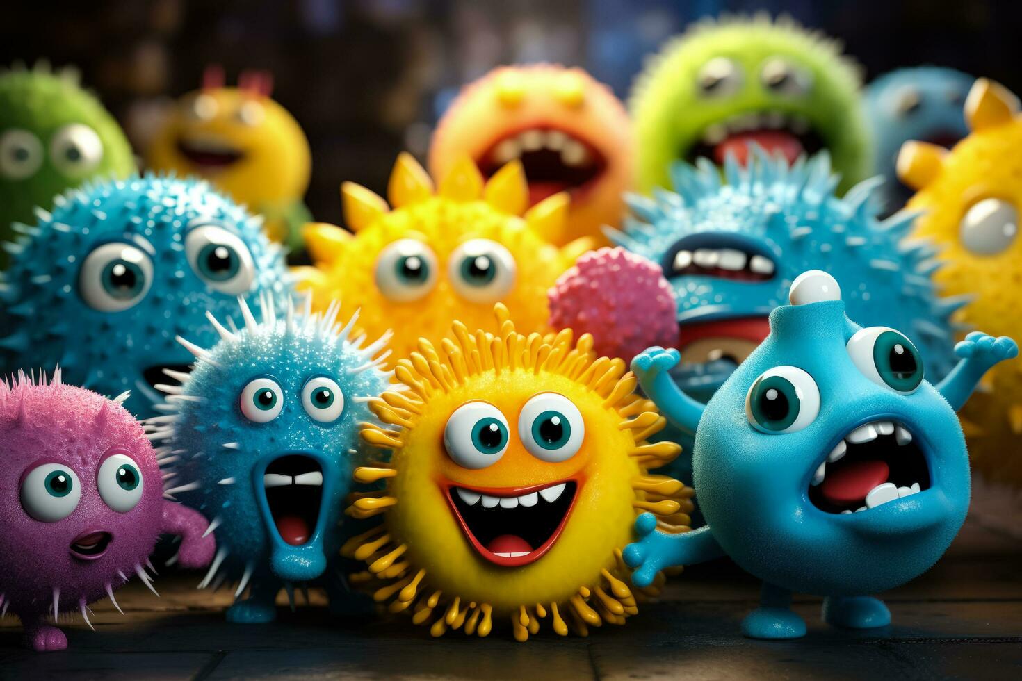 Smiling pathogen microbe monsters bacteries and viruses with big eyes cells with teeth photo