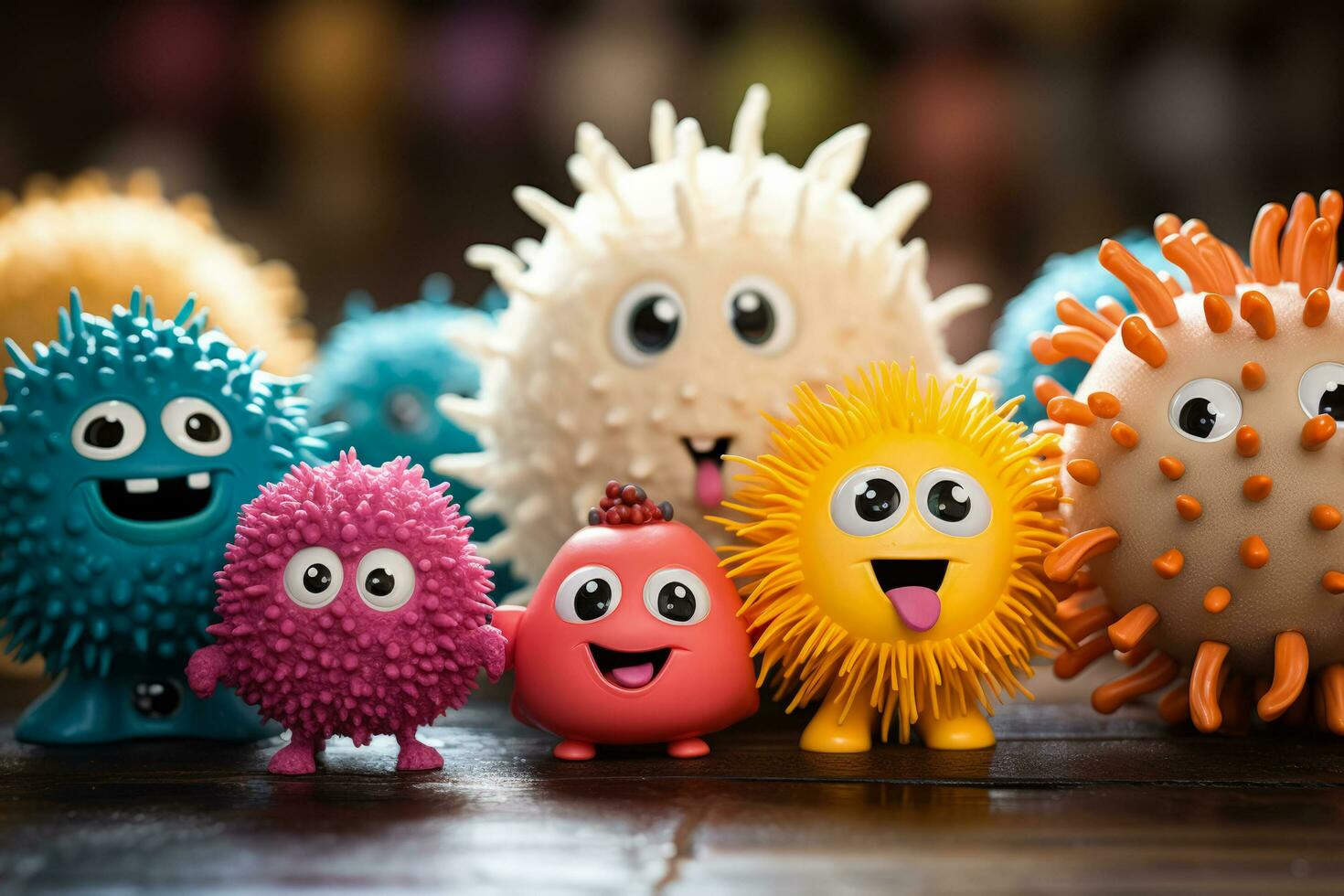 Smiling pathogen microbe monsters bacteries and viruses with big eyes cells with teeth photo