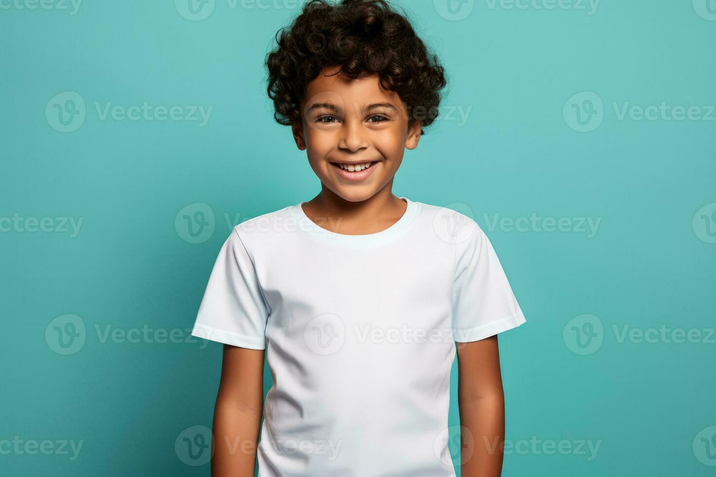 Male child boy wearing bella canvas white shirt mockup at blue ...