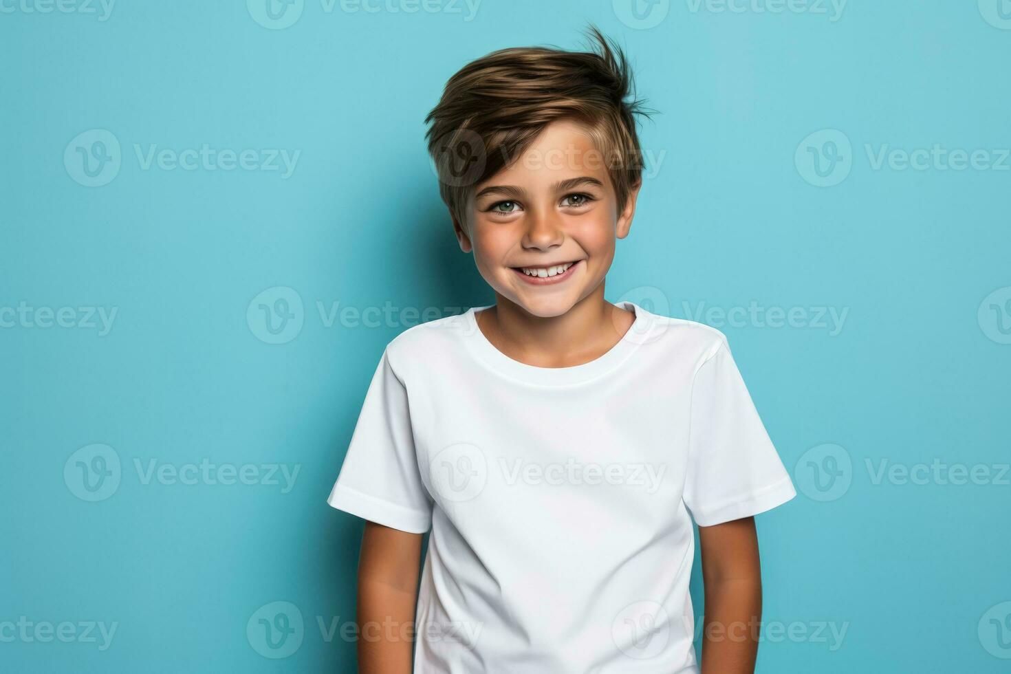 Male child boy wearing bella canvas white shirt mockup at blue background photo