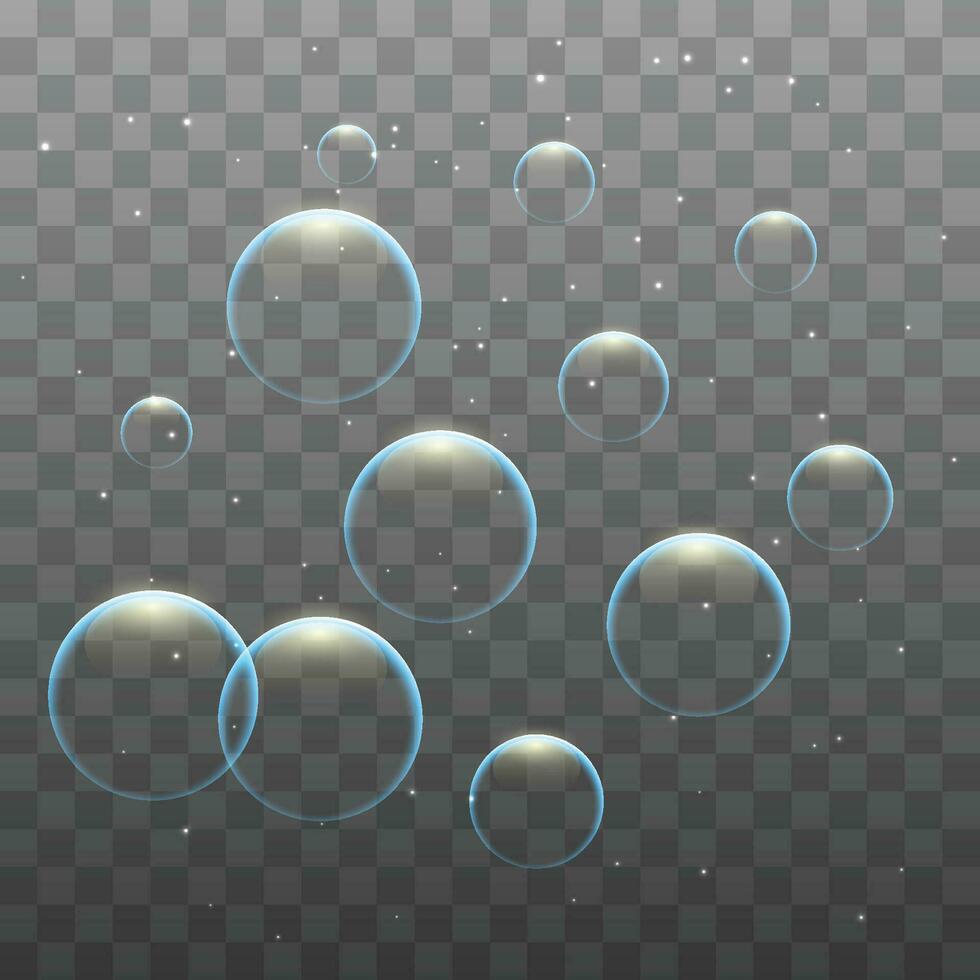 Vector transparent soap bubbles set on plaid background