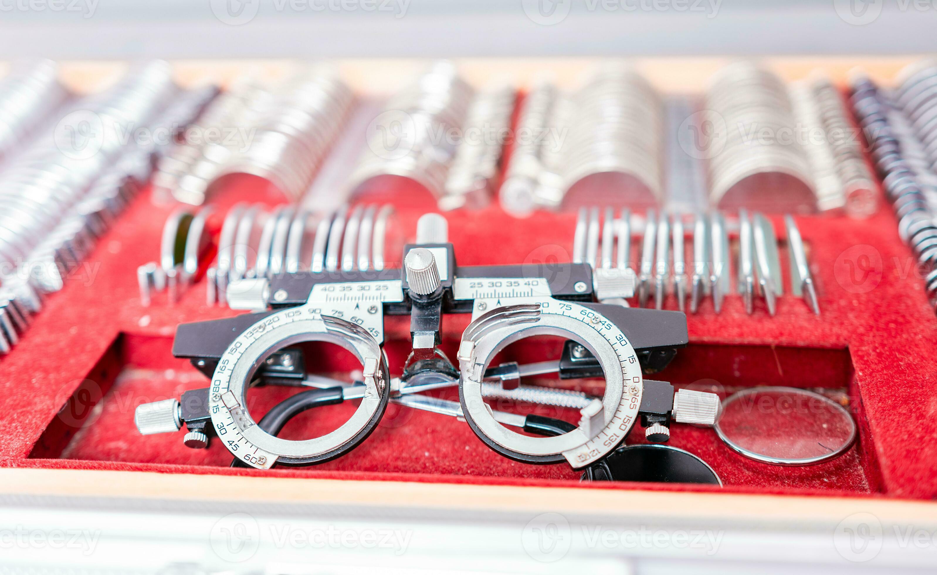 Close up of messbrille and ophthalmic lenses. Ophthalmological