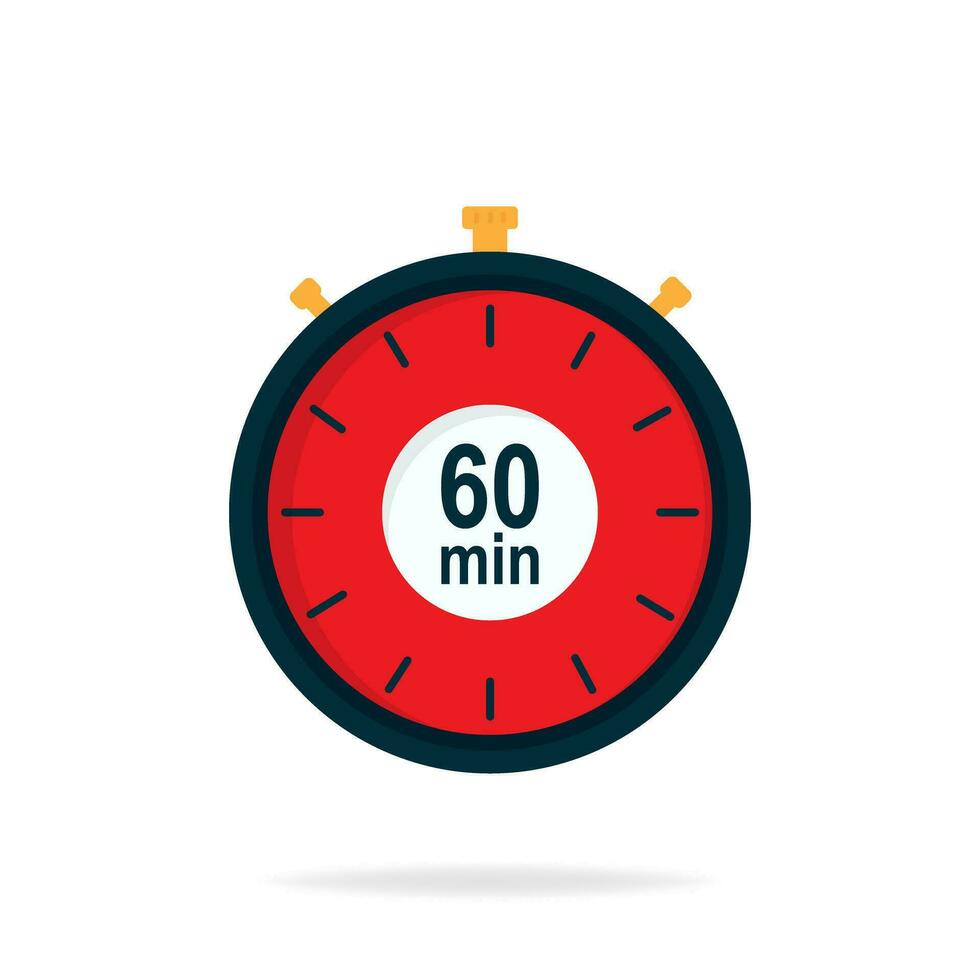 60 minutes timer. Stopwatch symbol in flat style. Editable isolated vector illustration.