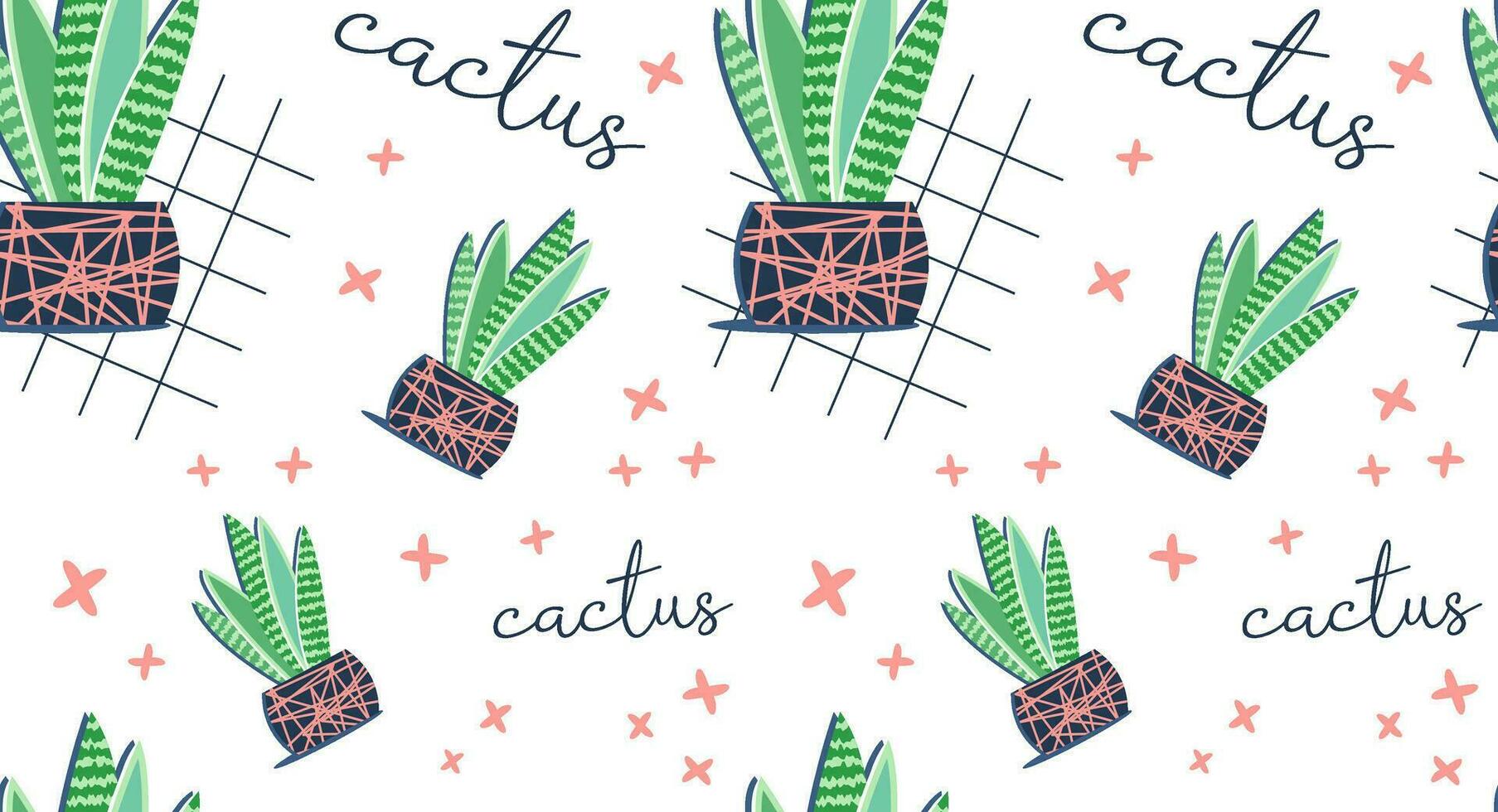 Succulent ornament, floral pattern with beautiful plants and text. Succulents of various shapes. Potted plants. Cactus potted.  Blooming cacti. popular house plants. vector