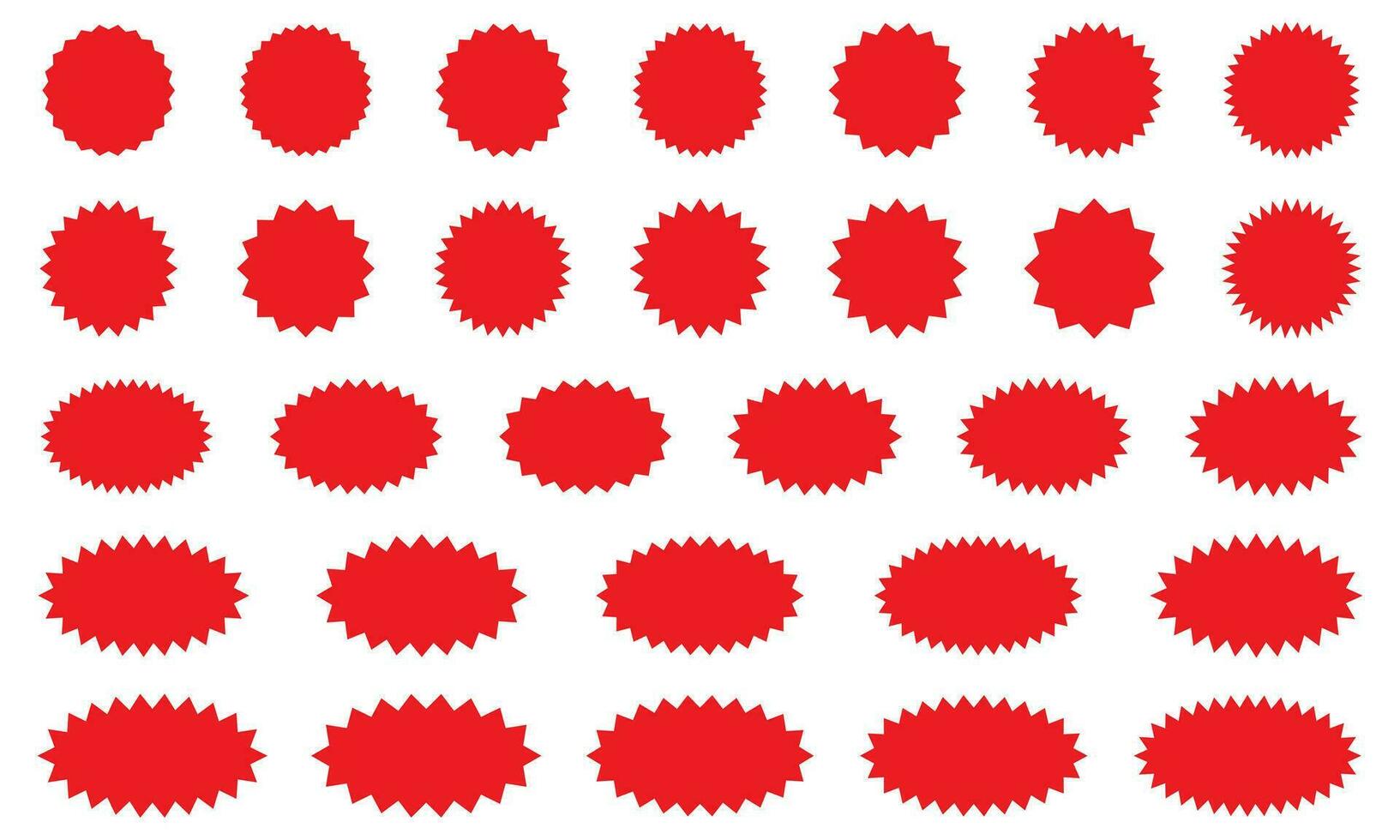 Starburst red sticker set - collection of special offer sale round and oval sunburst labels and buttons isolated on white background. Stickers and badges with star edges for promo advertising. vector