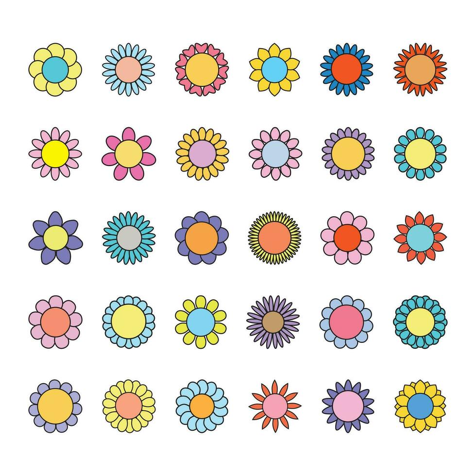 Colorful flowers vector set. Simple flower blossom icons in flat style.