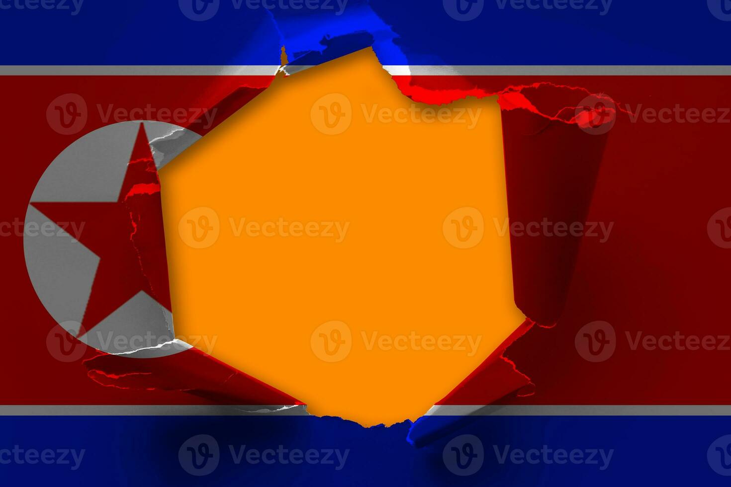 The concept of national flag on denim background with a hole North Korea photo