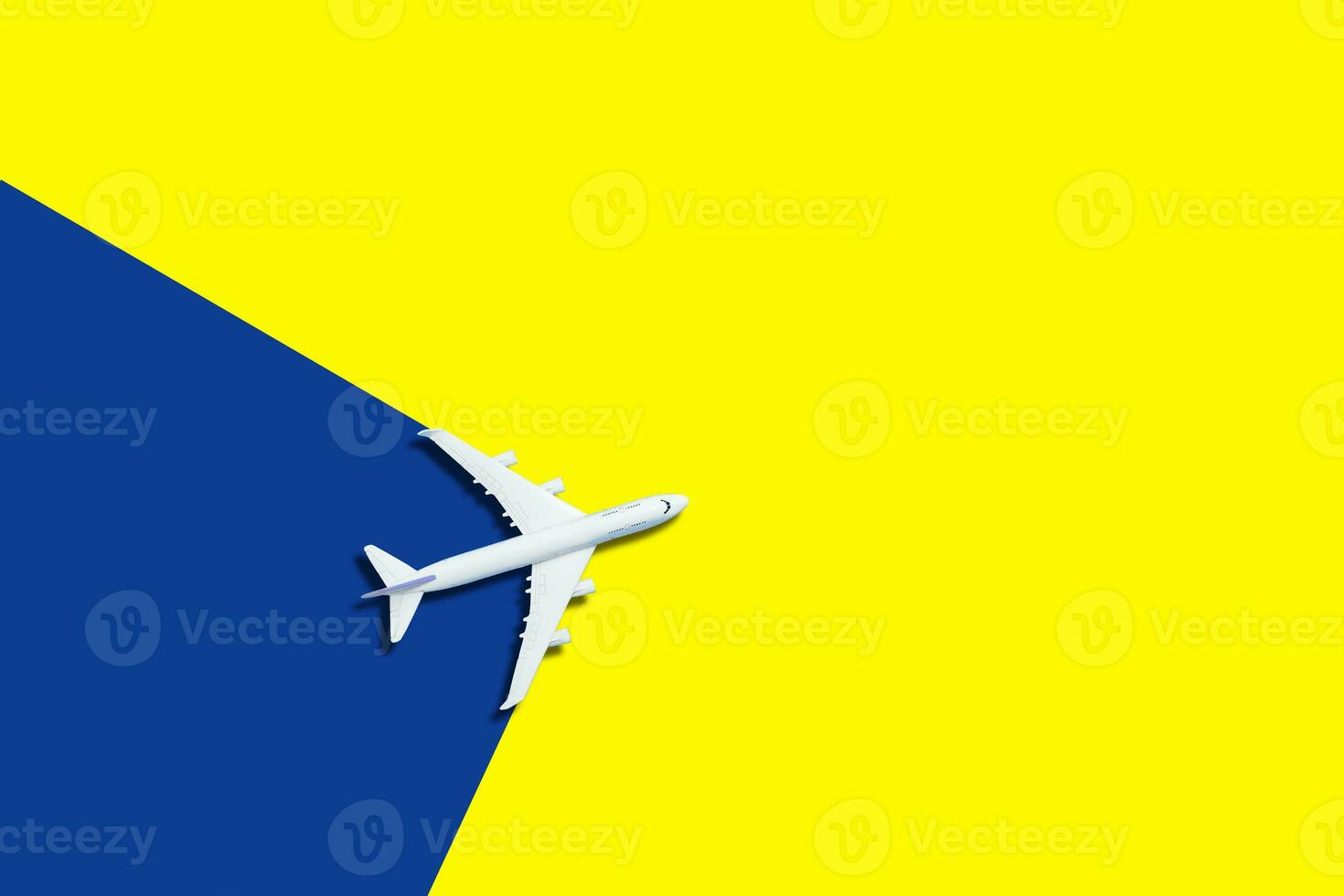 White plane, airplane on color background with copy space. Top view, flat lay. Minimal style design, 3d rendering. Travel, vacation concept. photo