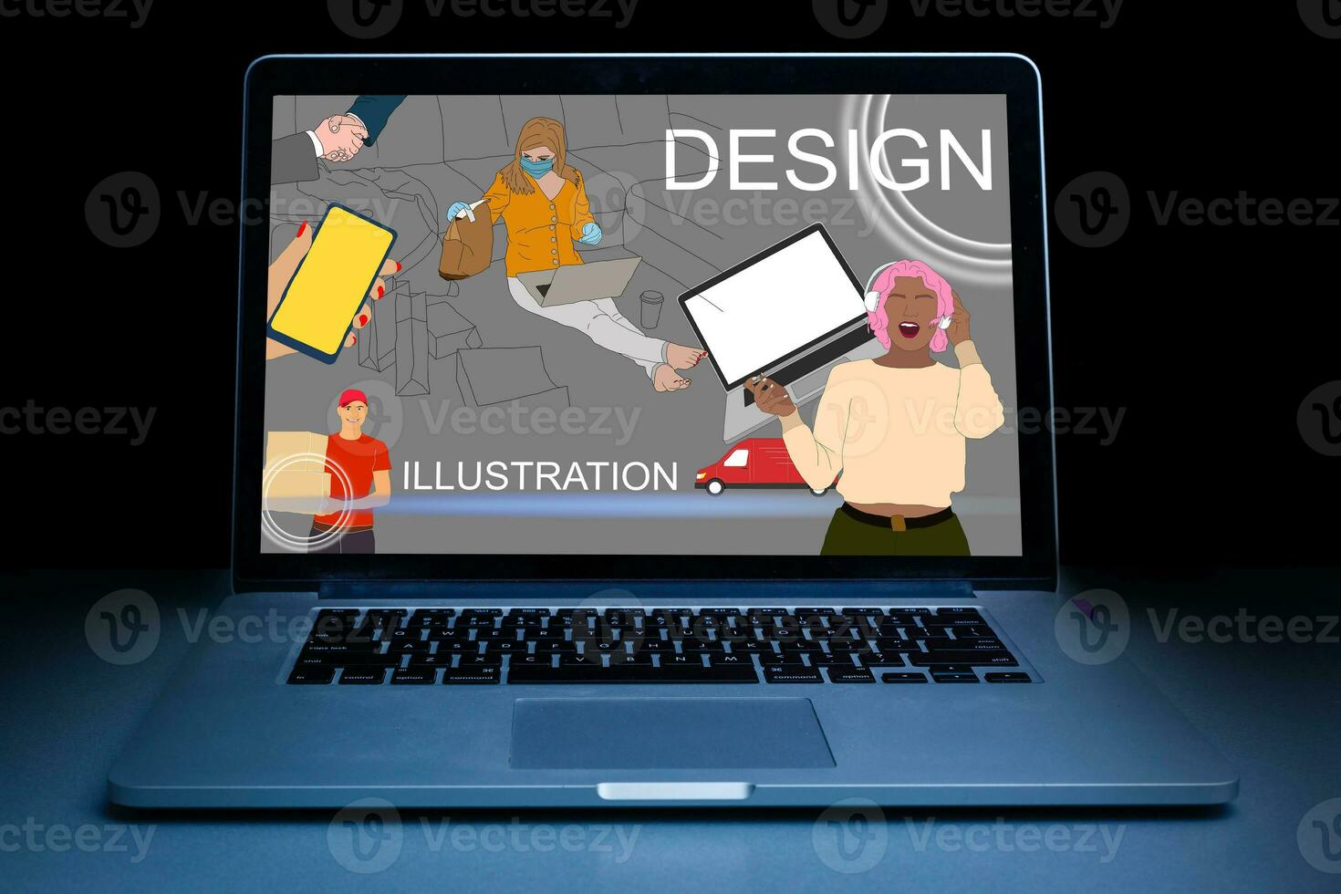 Workplace with laptop on table at home web designer or artist. Concept of a freelance and creative work online photo