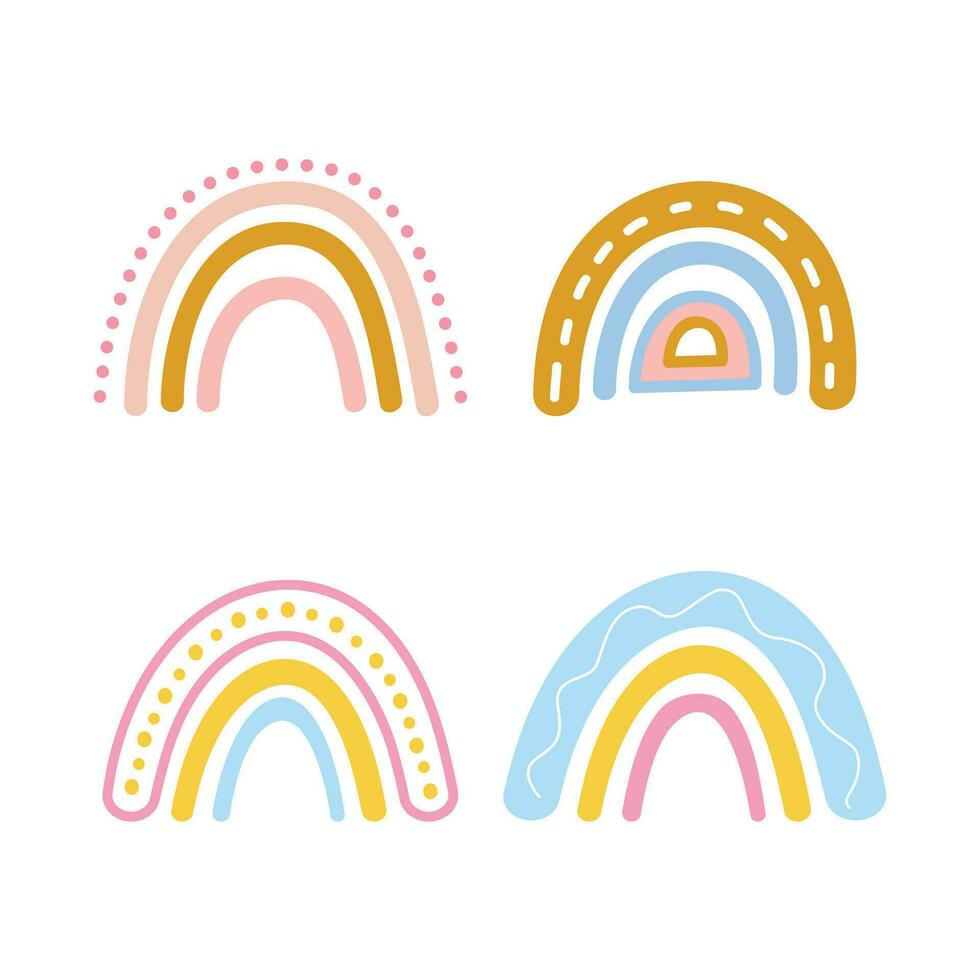 Vector hand drawn boho rainbows cute set in pastel and earthy colors vector isolated elements