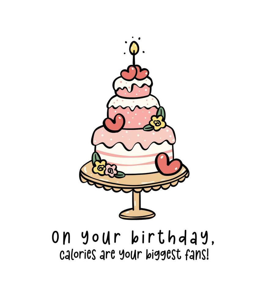 Hand drawn sweet Pink Birthday 3 layer Cake with candle Doodle, Celebrate party with cute minimal cake illustration perfect for greeting cards. vector