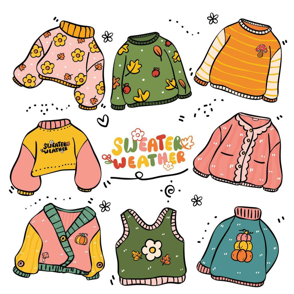 Cute Autumn cosy sweater Autumn Doodle cartoon drawing Illustration vector