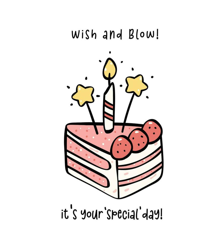 dulce rosado cumpleaños pastel rebanada con velas mínimo garabatear, celebrar fiesta con linda pastel ilustración Perfecto para saludo tarjetas vector