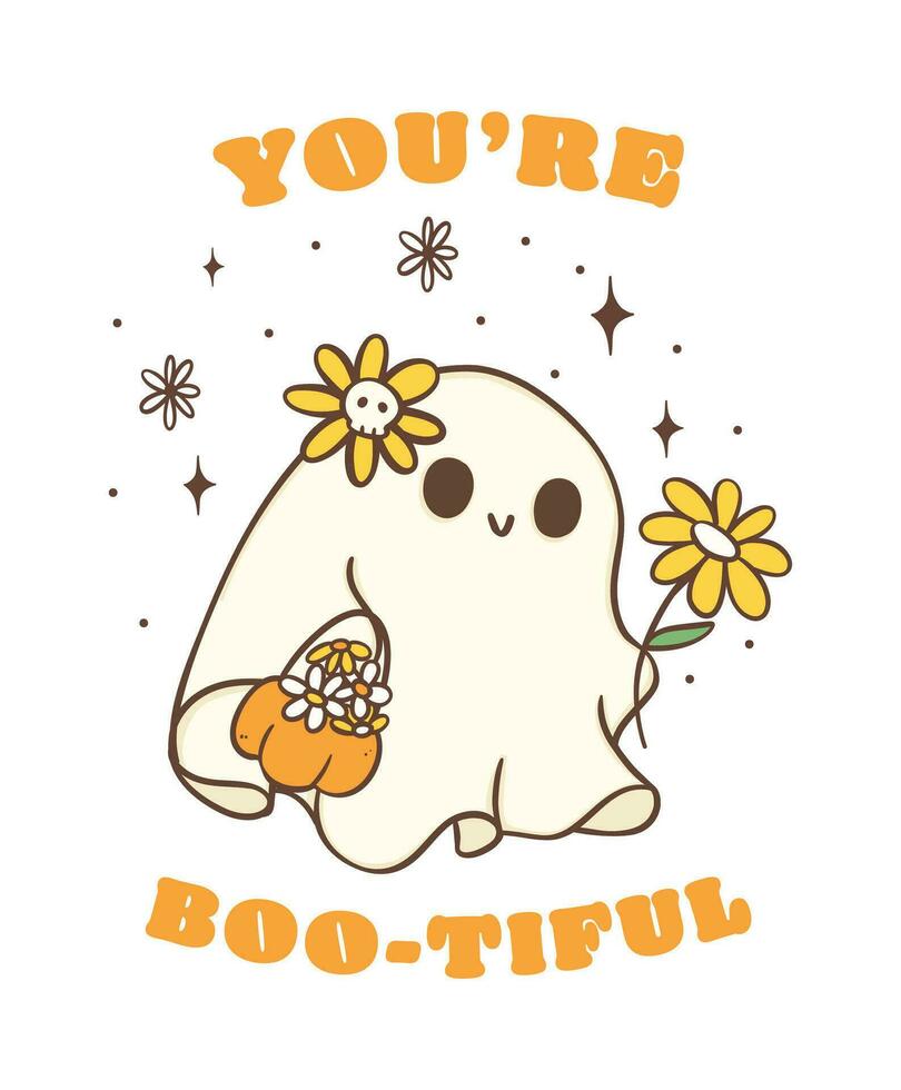 Cute Halloween ghost with daisy flower, kawaii Retro floral spooky ghost with pumkin, you are boo tiful, cartoon doodle outline drawing illustration idea for greeting card, t shirt design and crafts. vector