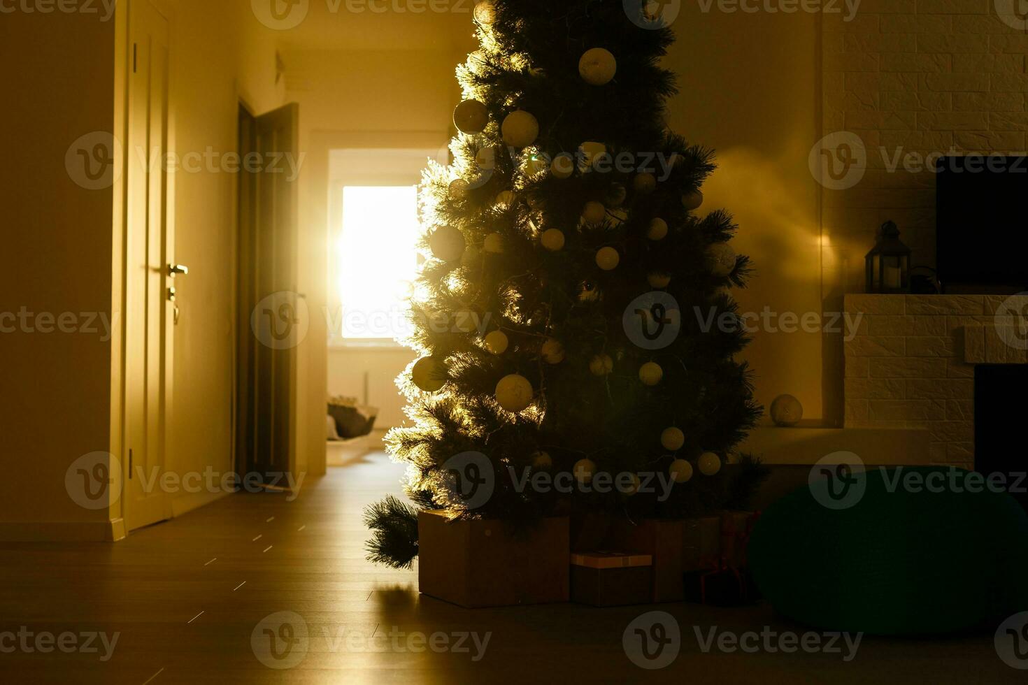 christmas tree and sunlight, fireplace photo