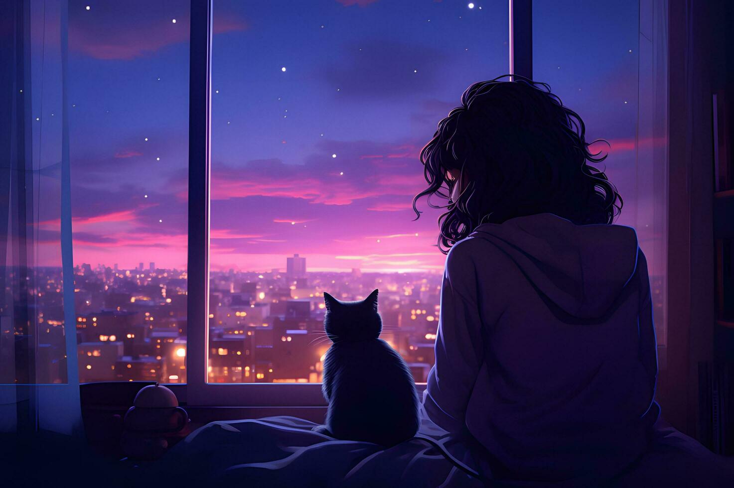 A girl looks out the window and listens to lofi beats photo