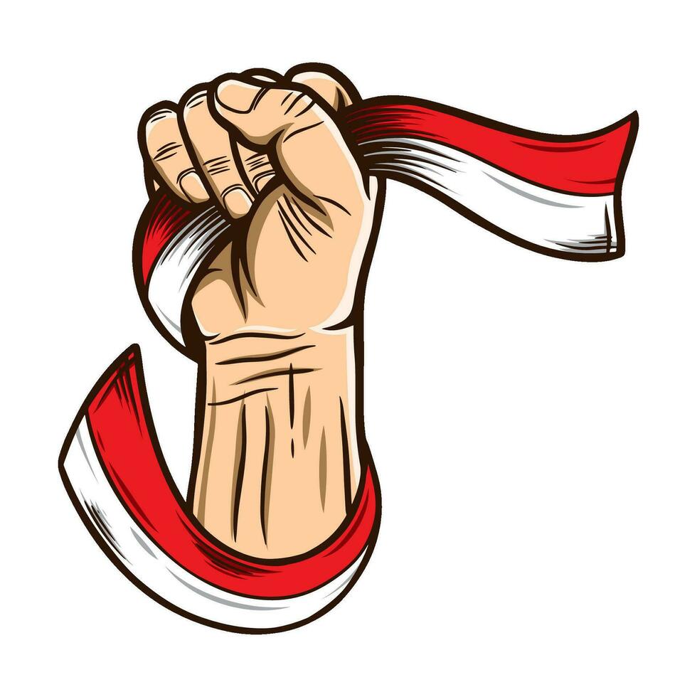 Vector Illustration of indonesian Independence Day. Hands with indonesian flags. Vector of the national flag of indonesia