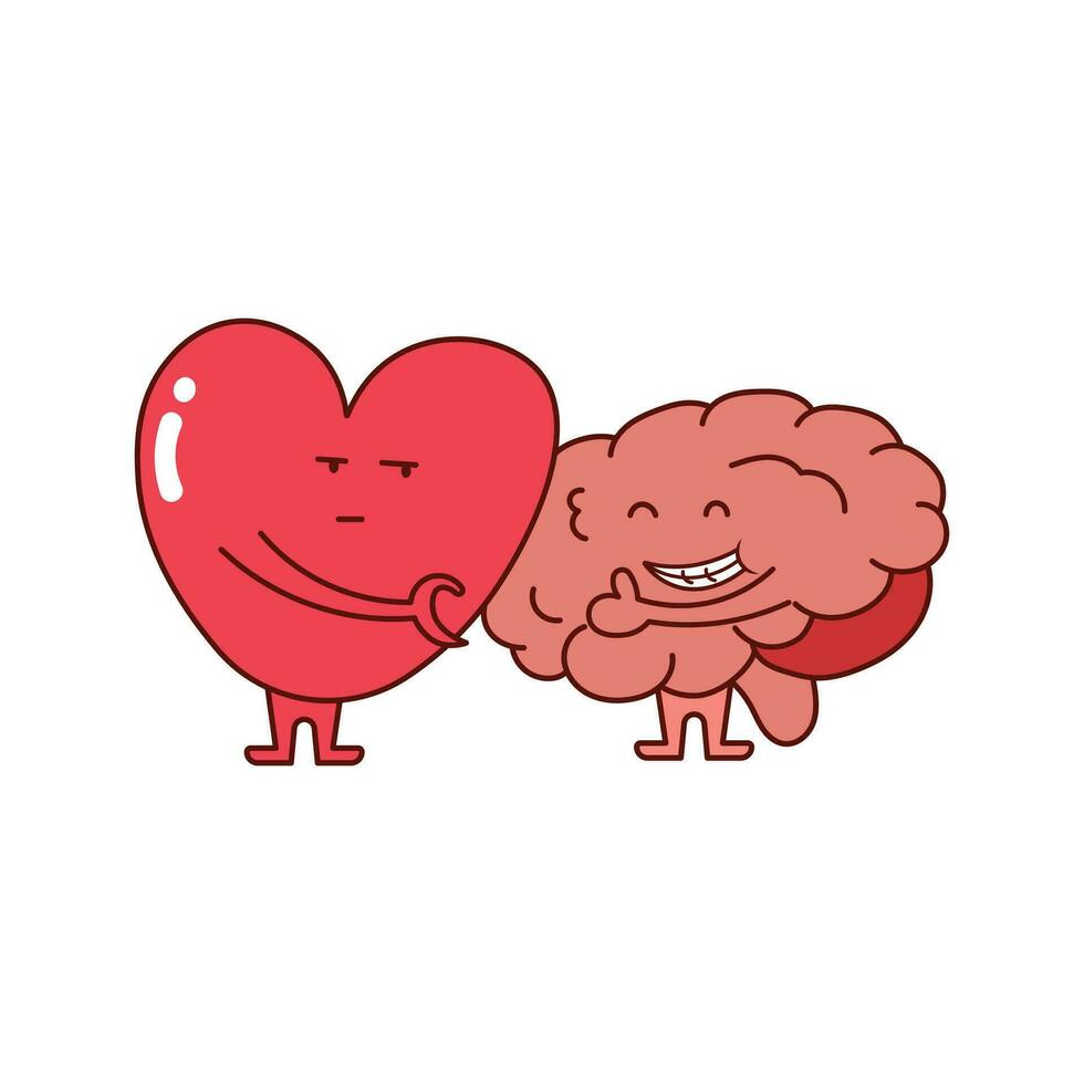 Kids drawing Cartoon Vector illustration cute heart and brain relationship icon Isolated on White Background