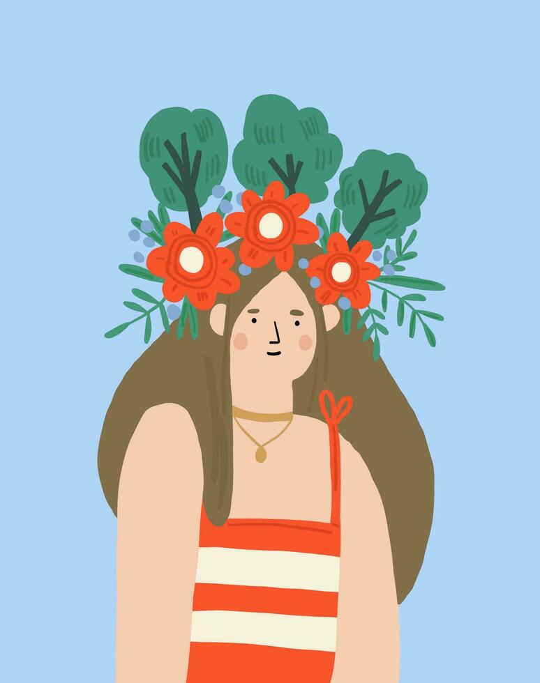 linda niña personaje en mano dibujado estilo en rojo camiseta con natural guirnalda, espíritu de el primavera personaje. linda hembra primavera retrato en ligero antecedentes vector